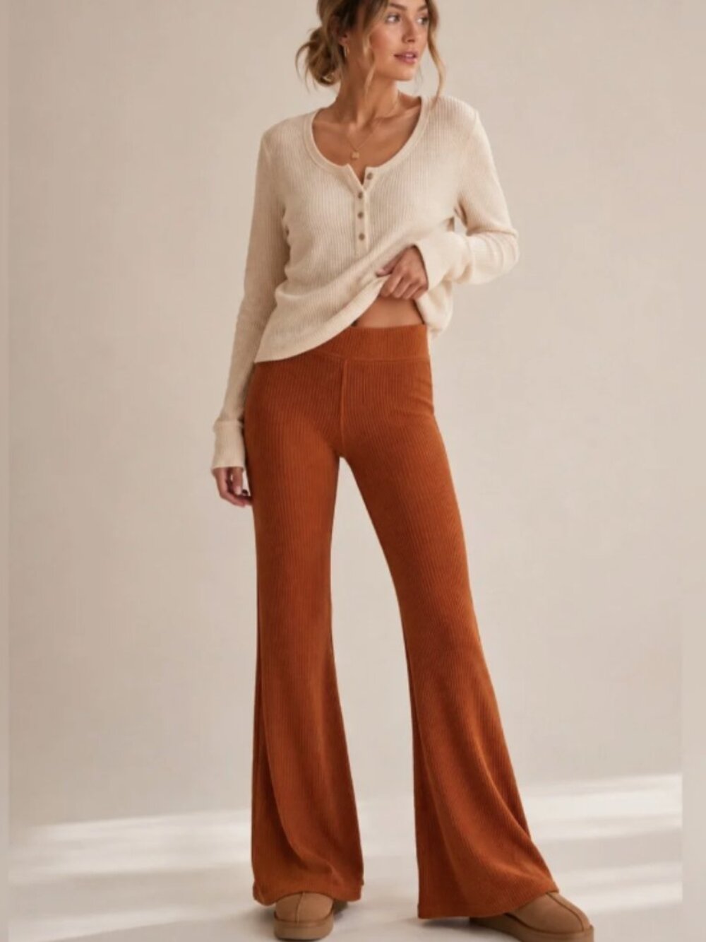 Aerie Burnt Orange Waffle Knit Flare Leg High Rise Wide Leg Pants NEW